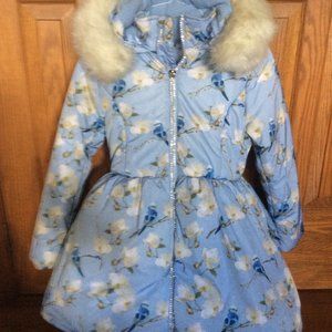 Designer Childs Coat by A dee, Blue and White. Size 12